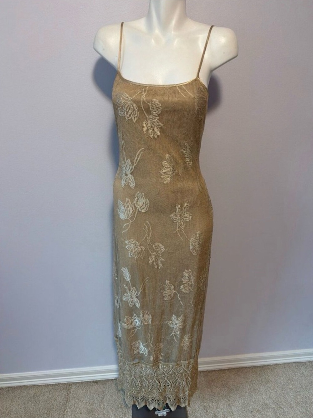 Vintage Y2K Mesh Maxi Skirt Floral Gold Beige Sheer Overlay Lined Dress Medium M - Picture 6 of 6